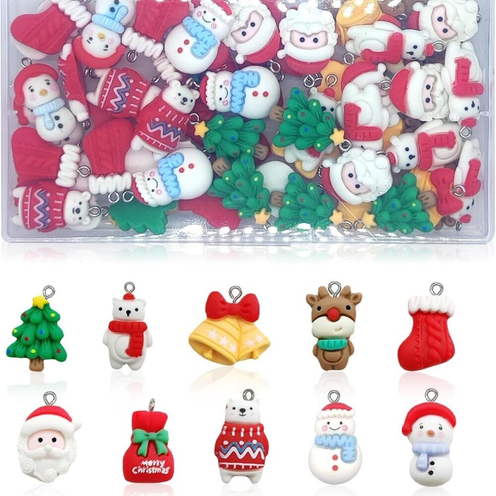 60PCS Halloween/Christmas Resin Charms for Jewelry Making Bulk with Box, 3D Cart